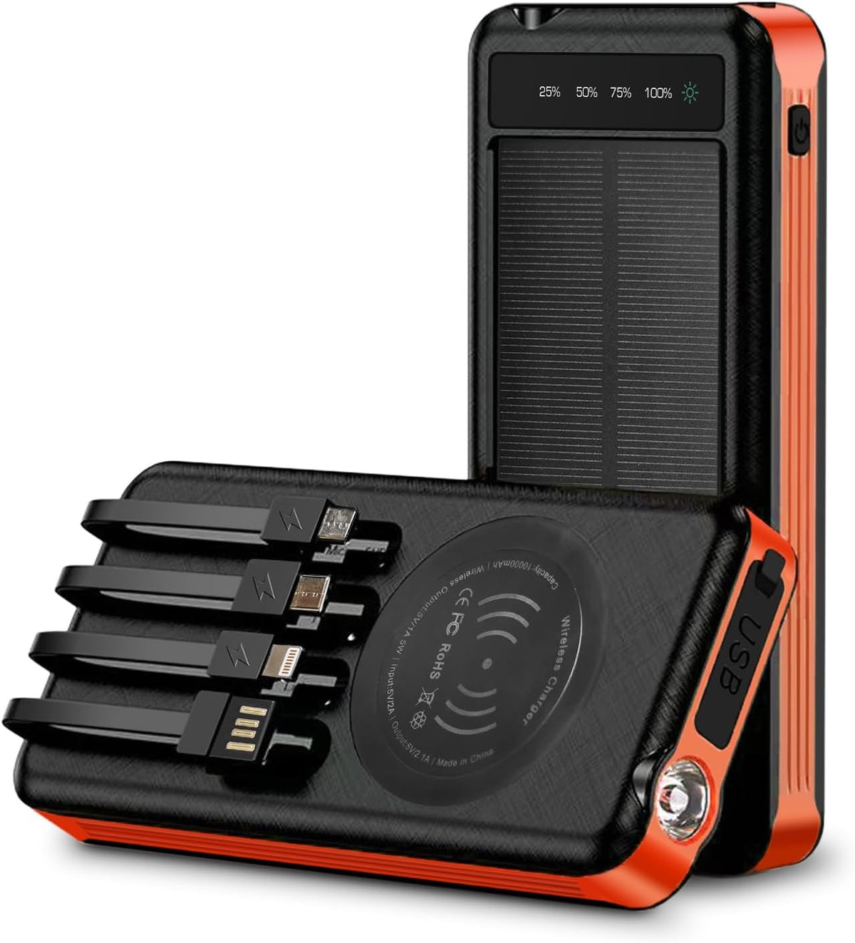 10000mAh Outdoor Solar Portable Power Bank with built-in cables