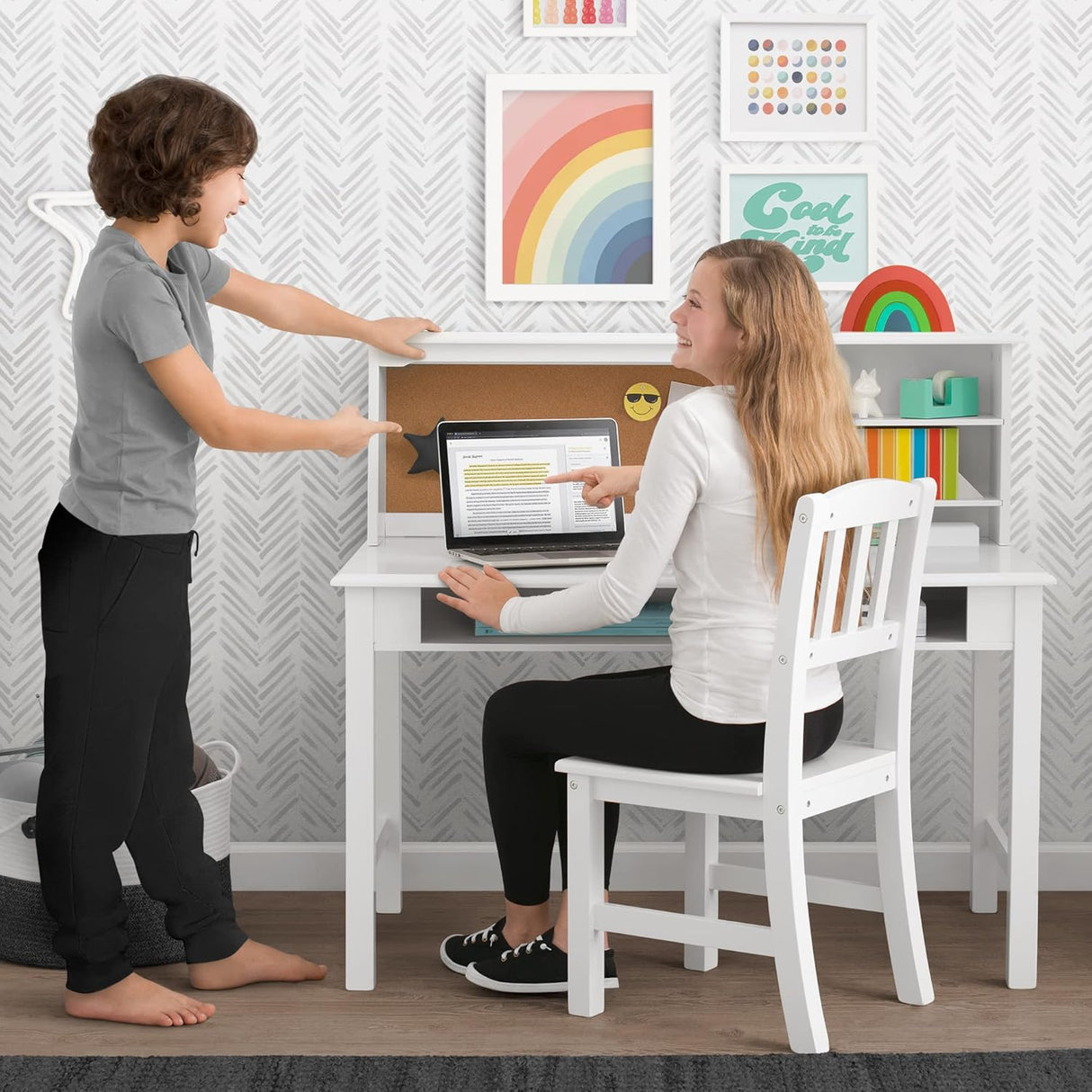 Kids’ Wood Desk with Hutch and Chair -Cubbies and Cutouts for Cords and Wires, Bianca White