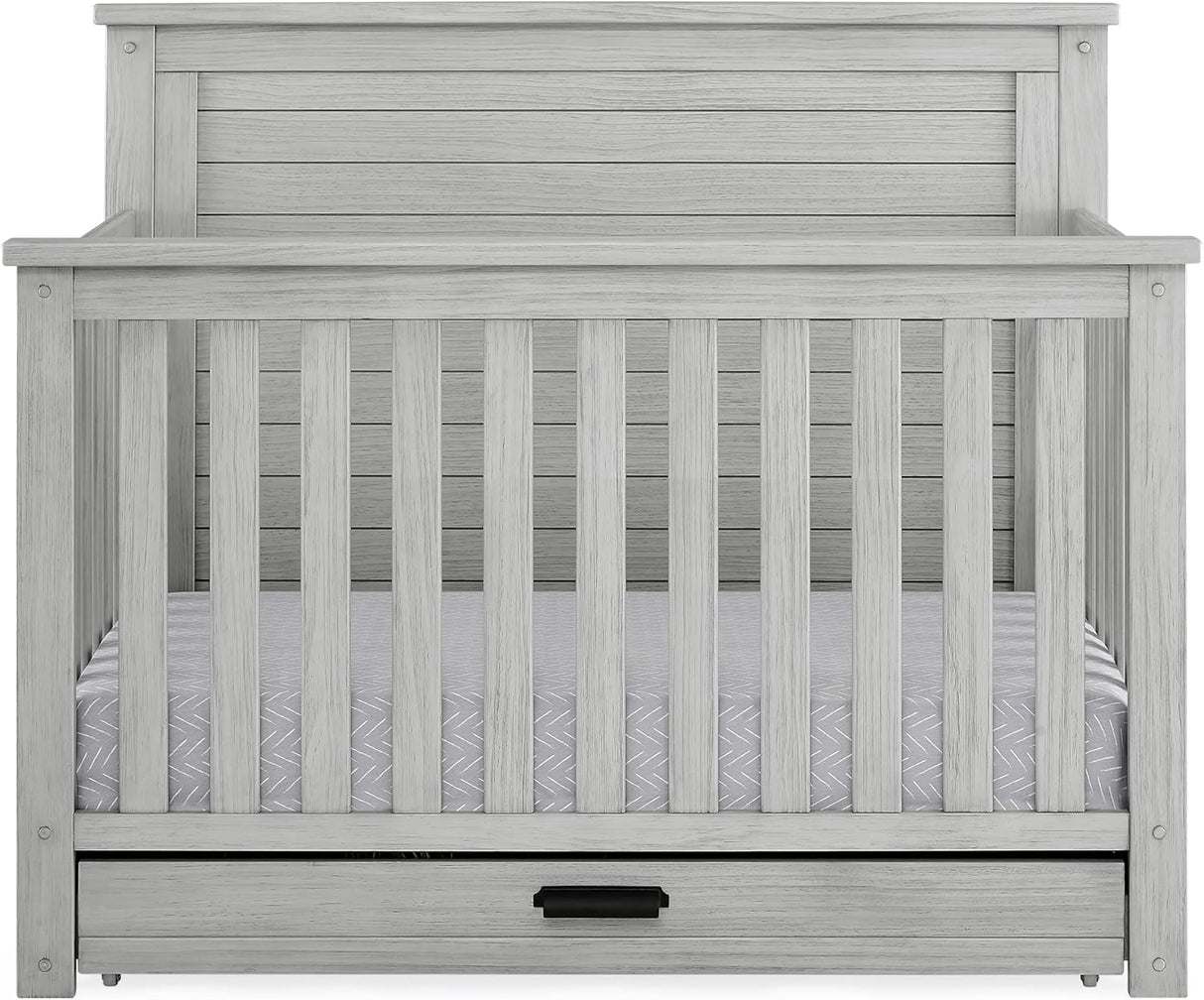 Delta Children Simmons Kids Caden 6-in-1 Convertible Crib with Trundle Drawer, Rustic Grey
