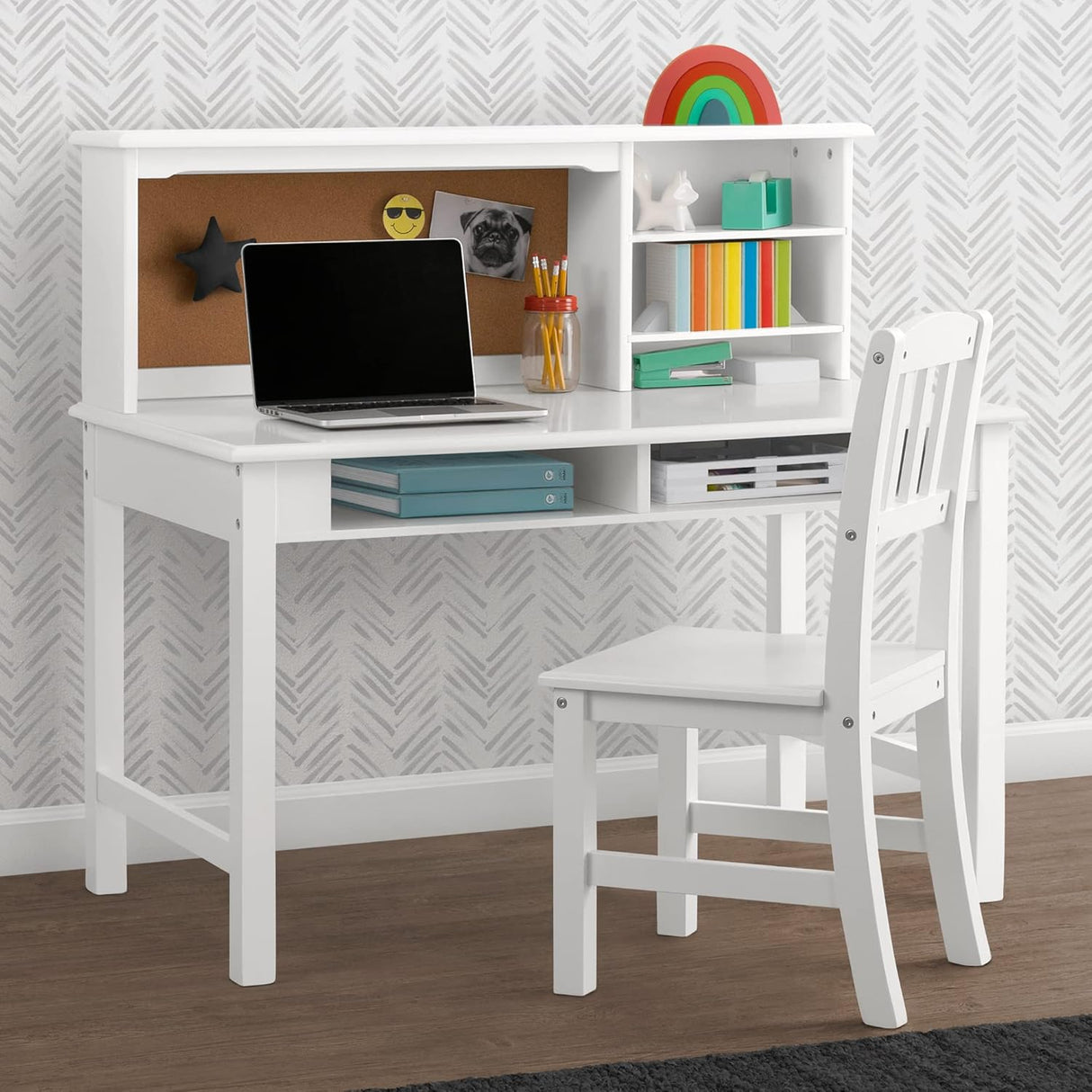 Kids’ Wood Desk with Hutch and Chair -Cubbies and Cutouts for Cords and Wires, Bianca White