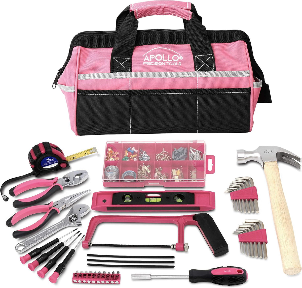 Apollo Tools 201 Piece Household Tool Kit in a Soft-Sided Tool Bag- Pink