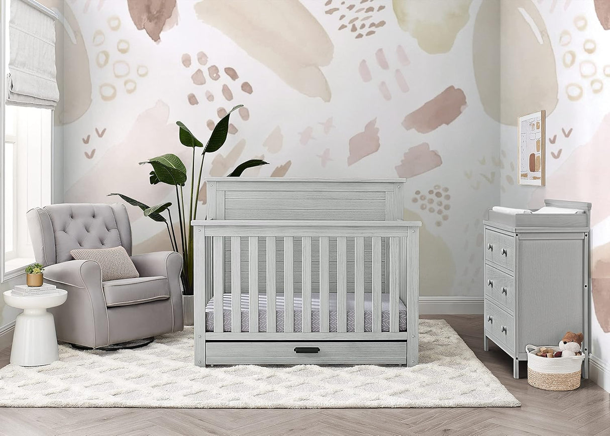 Delta Children Simmons Kids Caden 6-in-1 Convertible Crib with Trundle Drawer, Rustic Mist