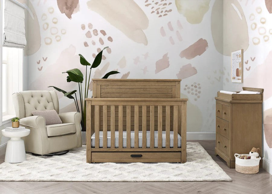 Delta Children Simmons Kids Caden 6-in-1 Convertible Crib with Trundle Drawer, Rustic Acorn