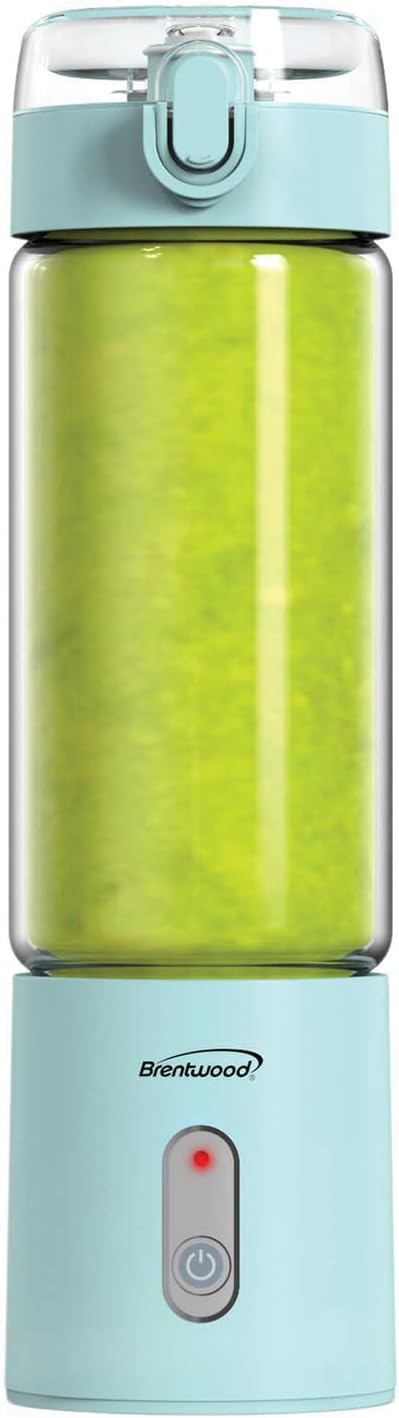 BRENTWOOD RJB-100BL Portable Battery-Operated USB-Chargeable Glass Blender, 17 oz, Blue