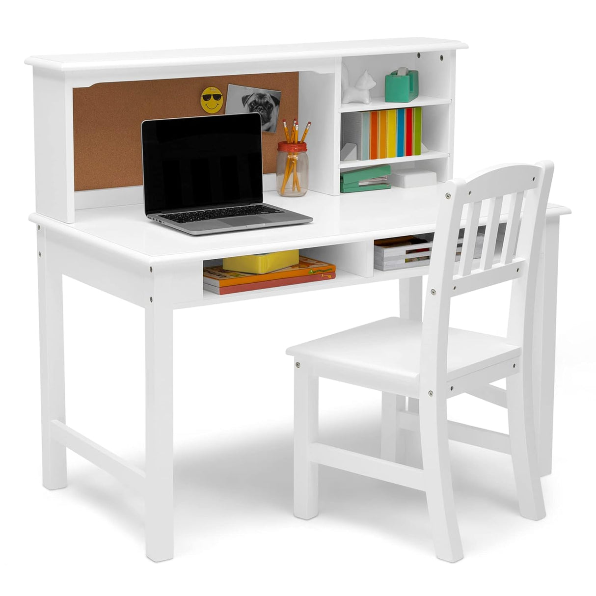 Kids’ Wood Desk with Hutch and Chair -Cubbies and Cutouts for Cords and Wires, Bianca White