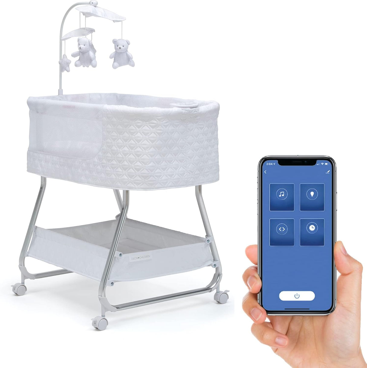 Delta Children Nod Bassinet - Smart Sleeper with Auto Glide Motion, Wi-Fi and Airflow Mesh White