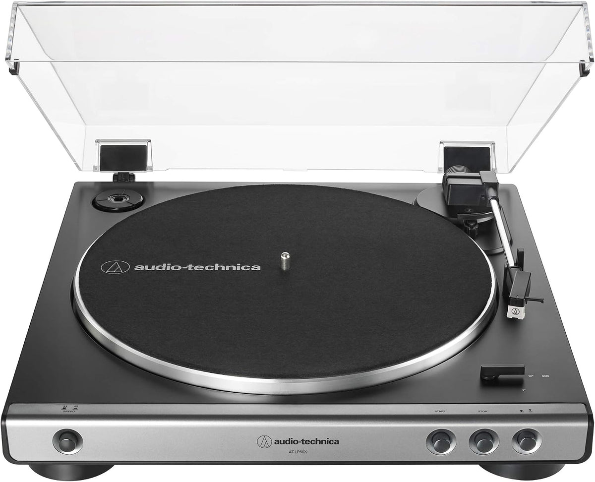 Audio-Technica At-LP60X-GM Fully Automatic Belt-Drive Stereo Turntable, Gunmetal/Black, Hi-Fidelity, Plays 33 -1/3 and 45 RPM Vinyl Records, Dust Cover, Anti-Resonance, Die-Cast Aluminum Platter