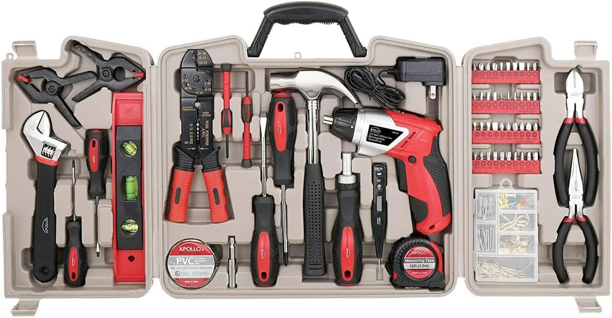 Apollo Tools 161 Piece Household Tool Kit with Powerful Rechargeable Lithium-Ion Cordless Screwdriver