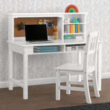Kids’ Wood Desk with Hutch and Chair -Cubbies and Cutouts for Cords and Wires, Bianca White