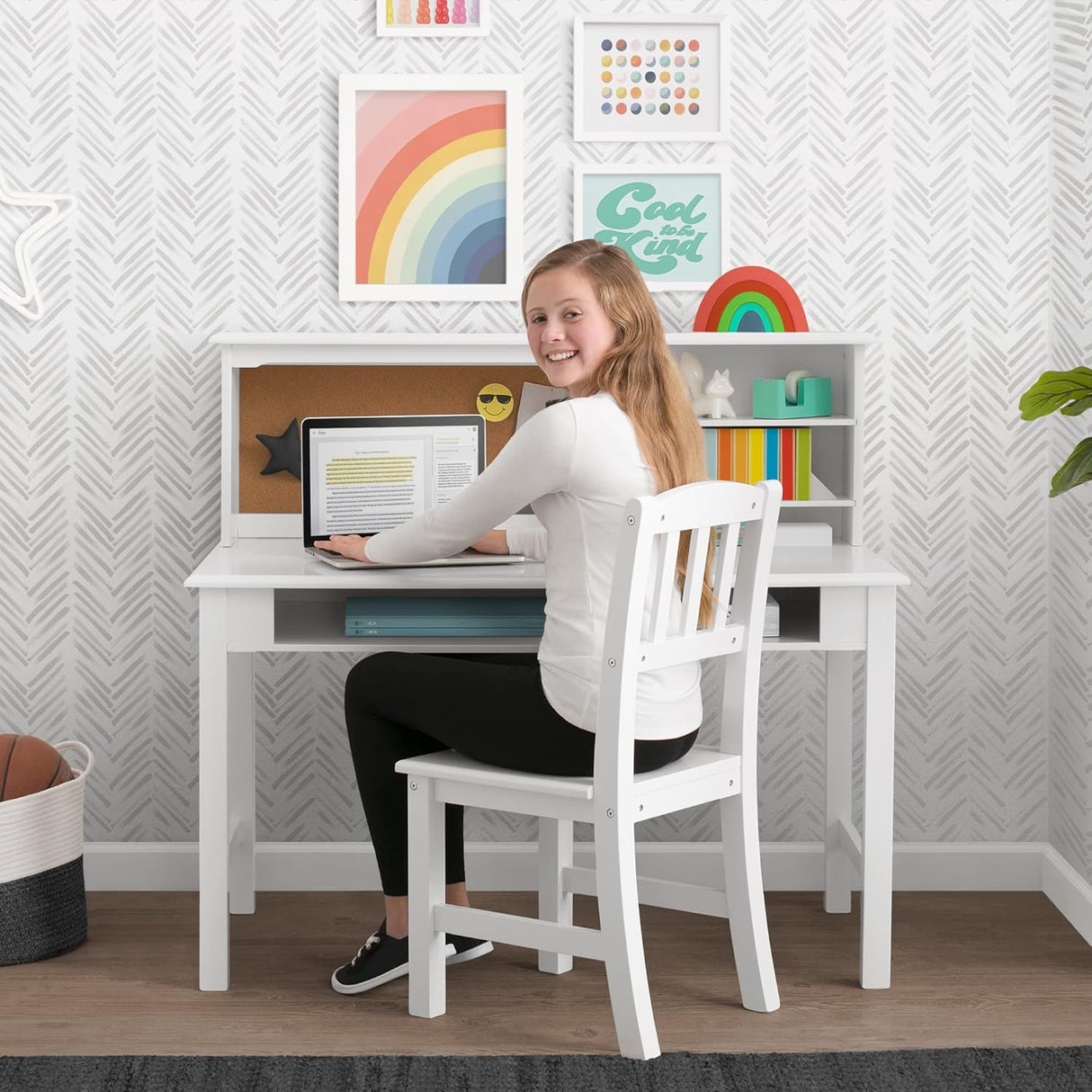 Kids’ Wood Desk with Hutch and Chair -Cubbies and Cutouts for Cords and Wires, Bianca White