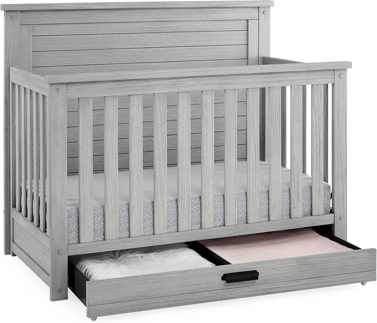 Delta Children Simmons Kids Caden 6-in-1 Convertible Crib with Trundle Drawer,  Rustic Mist